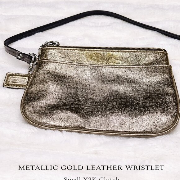 Coach Metallic Gold Leather Wristlet Clutch Zip Top Y2K Excellent Condition - Picture 3 of 8